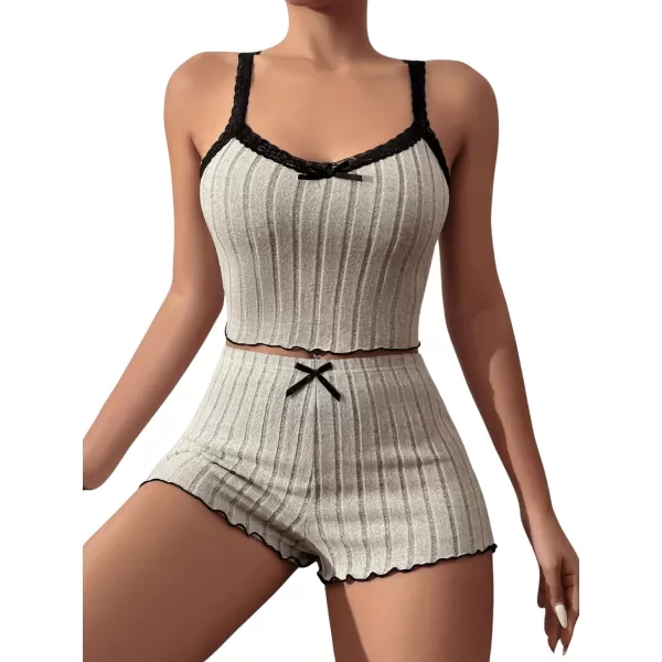 SweatyRocks Women's 2 Piece Lace Ribbed Knit Cami Top and Lettuce Trim Shorts Pajama Set Sleepwear Lounge Sets