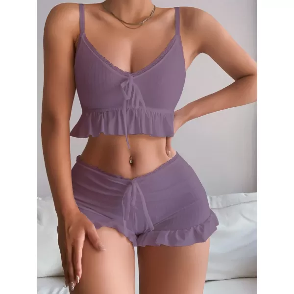 SweatyRocks Women's 2 Piece Lingerie Set Pajama Sets Ruffle Trim Tie Front Cami Top and Shorts Sleepwear