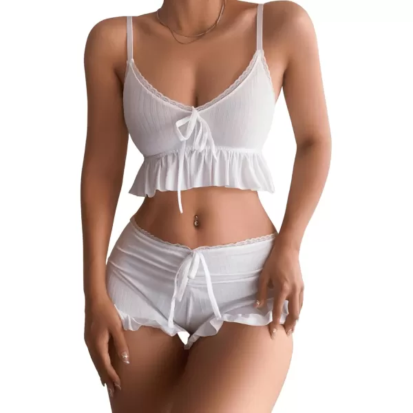 SweatyRocks Women's 2 Piece Lingerie Set Pajama Sets Ruffle Trim Tie Front Cami Top and Shorts Sleepwear