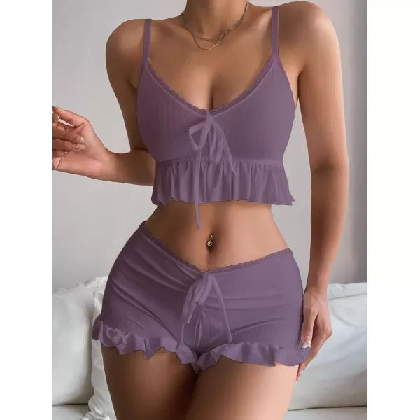 SweatyRocks Women's 2 Piece Lingerie Set Pajama Sets Ruffle Trim Tie Front Cami Top and Shorts Sleepwear