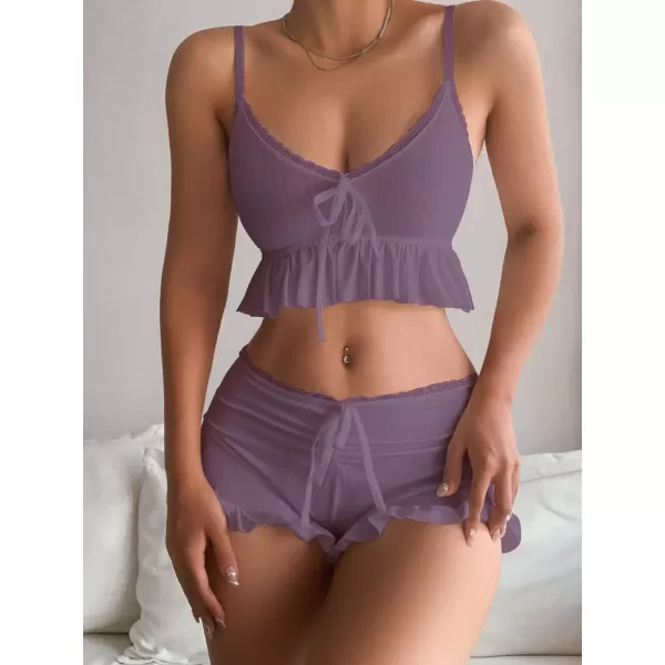 SweatyRocks Women's 2 Piece Lingerie Set Pajama Sets Ruffle Trim Tie Front Cami Top and Shorts Sleepwear