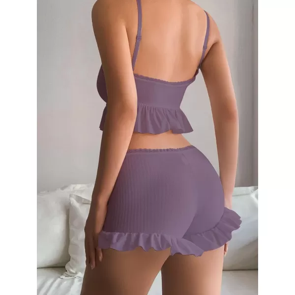 SweatyRocks Women's 2 Piece Lingerie Set Pajama Sets Ruffle Trim Tie Front Cami Top and Shorts Sleepwear