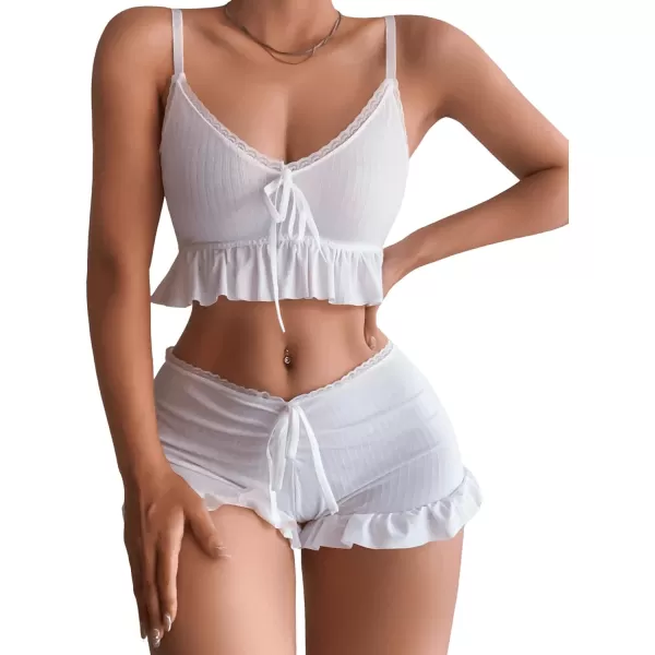 SweatyRocks Women's 2 Piece Lingerie Set Pajama Sets Ruffle Trim Tie Front Cami Top and Shorts Sleepwear