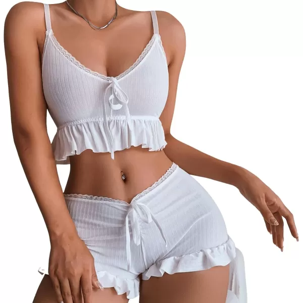 SweatyRocks Women's 2 Piece Lingerie Set Pajama Sets Ruffle Trim Tie Front Cami Top and Shorts Sleepwear