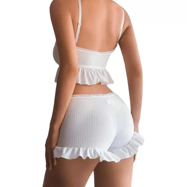 SweatyRocks Women's 2 Piece Lingerie Set Pajama Sets Ruffle Trim Tie Front Cami Top and Shorts Sleepwear
