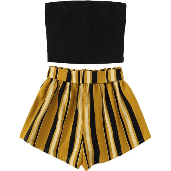 SweatyRocks Women's 2 Piece Outfit Casual Button Front Bandeau Crop Top and Belted Shorts Set