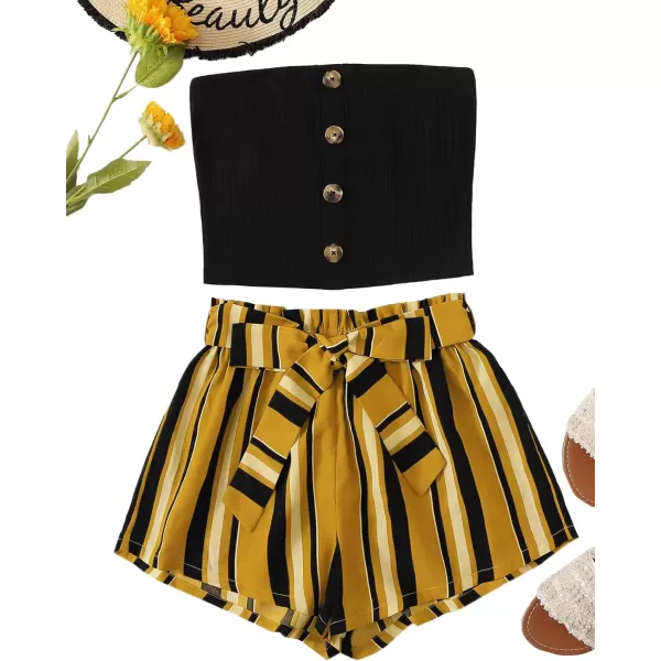 SweatyRocks Women's 2 Piece Outfit Casual Button Front Bandeau Crop Top and Belted Shorts Set