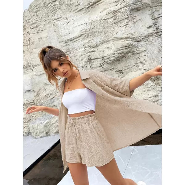 SweatyRocks Women's 2 Piece Outfits Button Front Half Shoulder Blouse and Paperbag Waist Shorts Set without Cami