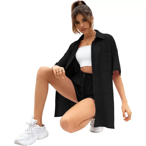 SweatyRocks Women's 2 Piece Outfits Button Front Half Shoulder Blouse and Paperbag Waist Shorts Set without Cami