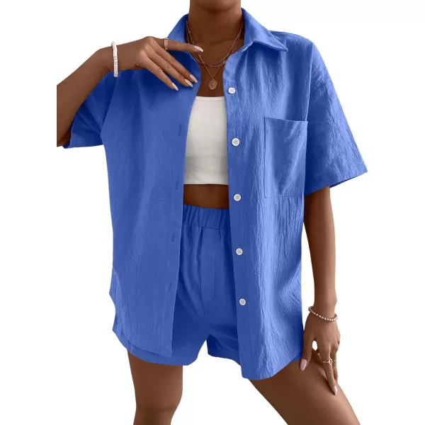 SweatyRocks Women's 2 Piece Outfits Half Sleeve Drop Shoulder Button Front Blouse and Straight Leg Shorts Set