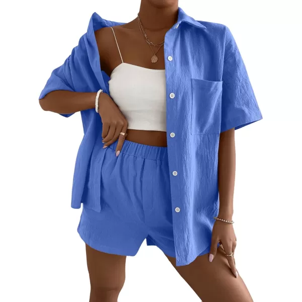 SweatyRocks Women's 2 Piece Outfits Half Sleeve Drop Shoulder Button Front Blouse and Straight Leg Shorts Set