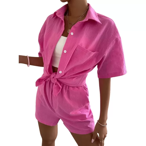SweatyRocks Women's 2 Piece Outfits Half Sleeve Drop Shoulder Button Front Blouse and Straight Leg Shorts Set
