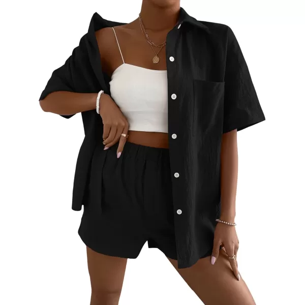 SweatyRocks Women's 2 Piece Outfits Half Sleeve Drop Shoulder Button Front Blouse and Straight Leg Shorts Set