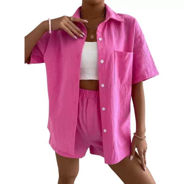 SweatyRocks Women's 2 Piece Outfits Half Sleeve Drop Shoulder Button Front Blouse and Straight Leg Shorts Set