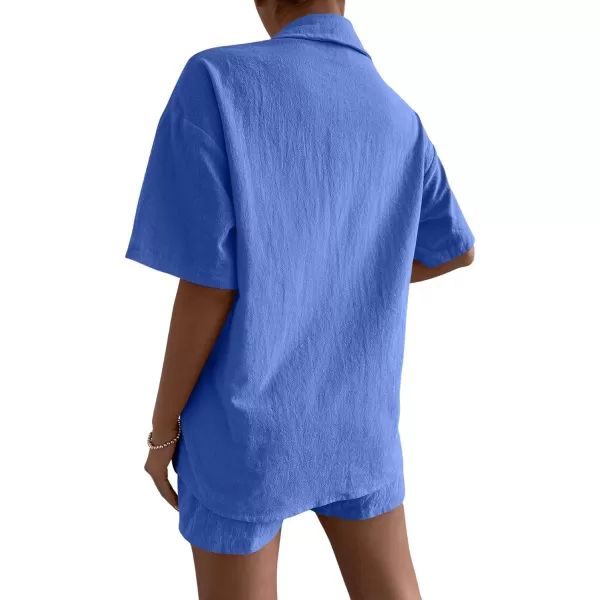 SweatyRocks Women's 2 Piece Outfits Half Sleeve Drop Shoulder Button Front Blouse and Straight Leg Shorts Set