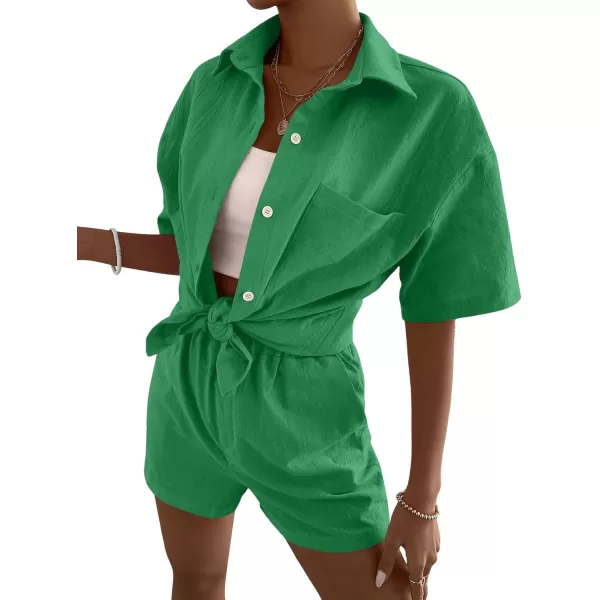 SweatyRocks Women's 2 Piece Outfits Half Sleeve Drop Shoulder Button Front Blouse and Straight Leg Shorts Set