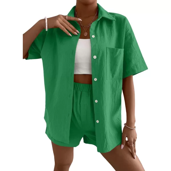 SweatyRocks Women's 2 Piece Outfits Half Sleeve Drop Shoulder Button Front Blouse and Straight Leg Shorts Set