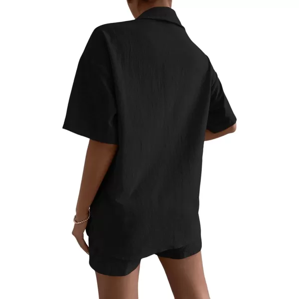 SweatyRocks Women's 2 Piece Outfits Half Sleeve Drop Shoulder Button Front Blouse and Straight Leg Shorts Set
