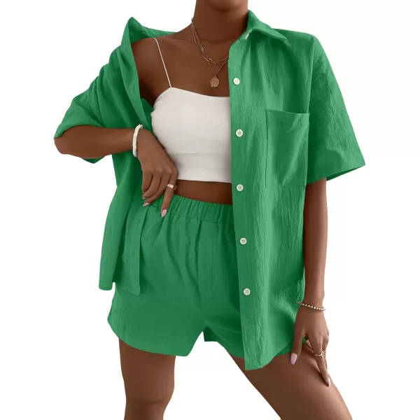 SweatyRocks Women's 2 Piece Outfits Half Sleeve Drop Shoulder Button Front Blouse and Straight Leg Shorts Set