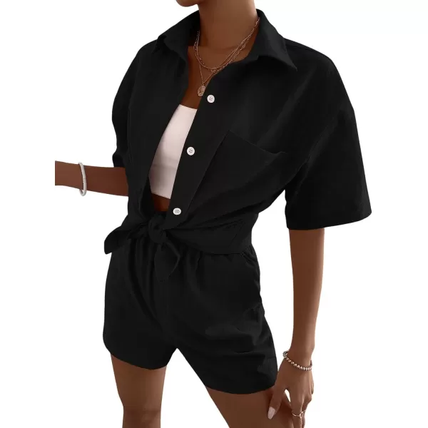 SweatyRocks Women's 2 Piece Outfits Half Sleeve Drop Shoulder Button Front Blouse and Straight Leg Shorts Set