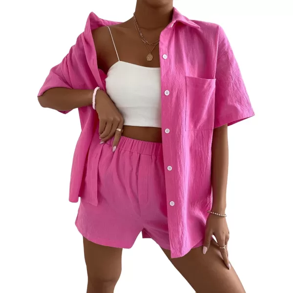 SweatyRocks Women's 2 Piece Outfits Half Sleeve Drop Shoulder Button Front Blouse and Straight Leg Shorts Set