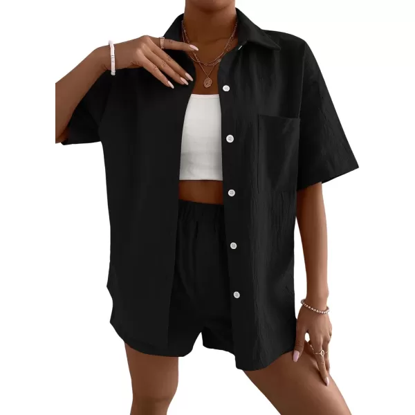 SweatyRocks Women's 2 Piece Outfits Half Sleeve Drop Shoulder Button Front Blouse and Straight Leg Shorts Set