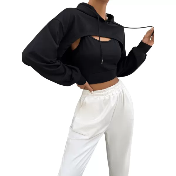 SweatyRocks Women's 2 Piece Outfits Long Sleeve Pullover Crop Top Sweatshirts Hoodie And Cami Tank Top Set