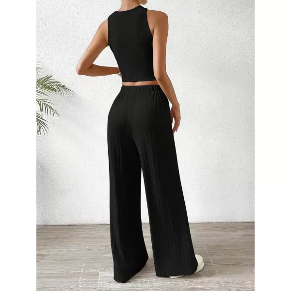 SweatyRocks Women's 2 Piece Outfits Ribbed Knit Sleeveless Round Neck Crop Tank Top and Wide Leg Pants