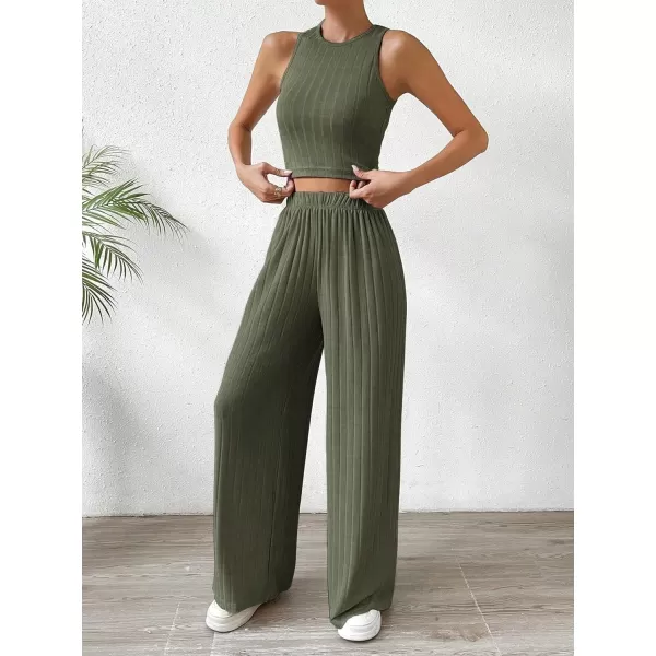SweatyRocks Women's 2 Piece Outfits Ribbed Knit Sleeveless Round Neck Crop Tank Top and Wide Leg Pants