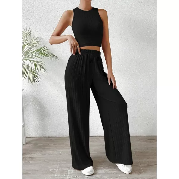 SweatyRocks Women's 2 Piece Outfits Ribbed Knit Sleeveless Round Neck Crop Tank Top and Wide Leg Pants