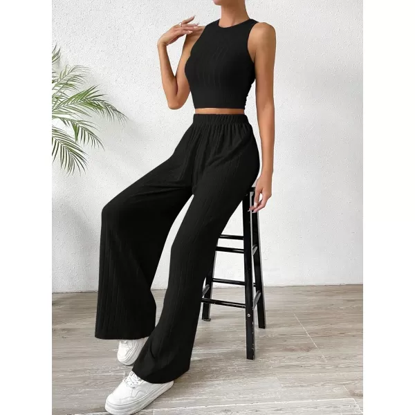 SweatyRocks Women's 2 Piece Outfits Ribbed Knit Sleeveless Round Neck Crop Tank Top and Wide Leg Pants