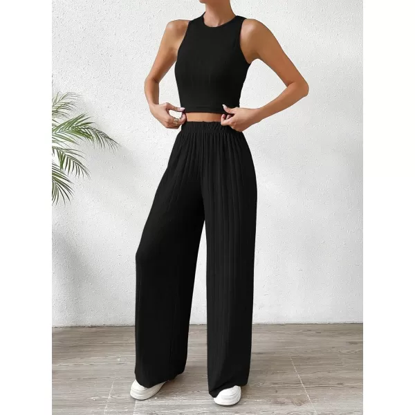SweatyRocks Women's 2 Piece Outfits Ribbed Knit Sleeveless Round Neck Crop Tank Top and Wide Leg Pants