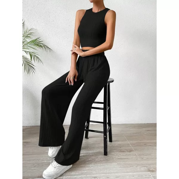 SweatyRocks Women's 2 Piece Outfits Ribbed Knit Sleeveless Round Neck Crop Tank Top and Wide Leg Pants