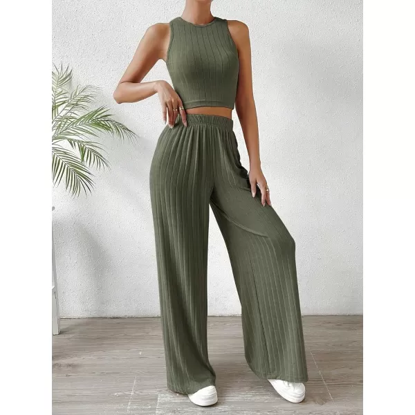 SweatyRocks Women's 2 Piece Outfits Ribbed Knit Sleeveless Round Neck Crop Tank Top and Wide Leg Pants