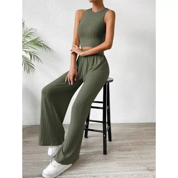 SweatyRocks Women's 2 Piece Outfits Ribbed Knit Sleeveless Round Neck Crop Tank Top and Wide Leg Pants
