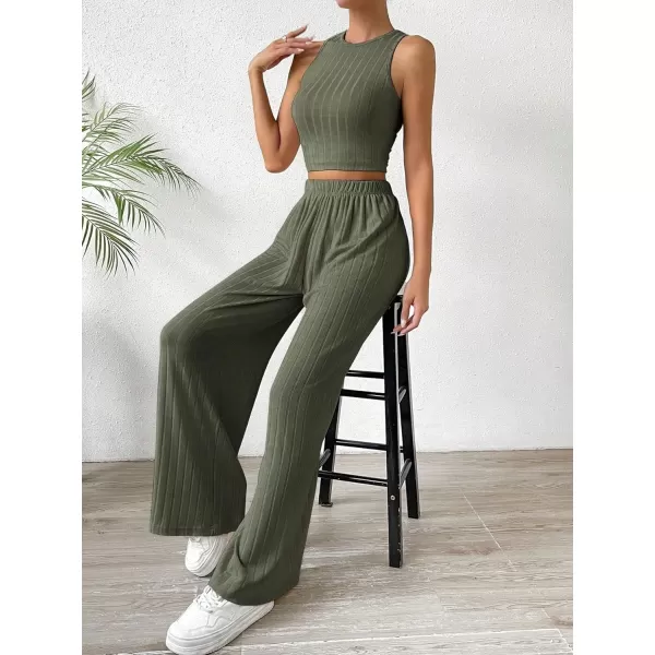 SweatyRocks Women's 2 Piece Outfits Ribbed Knit Sleeveless Round Neck Crop Tank Top and Wide Leg Pants