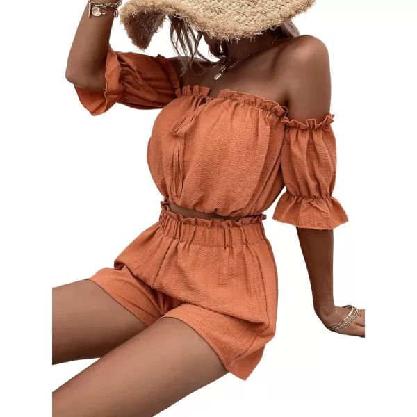 SweatyRocks Women's 2 Piece Outfits Romper Off Shoulder Short Sleeve Top Wide Leg Frill Trim Shorts with Pockets
