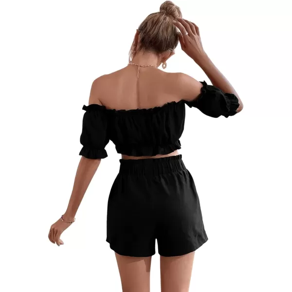 SweatyRocks Women's 2 Piece Outfits Romper Off Shoulder Short Sleeve Top Wide Leg Frill Trim Shorts with Pockets