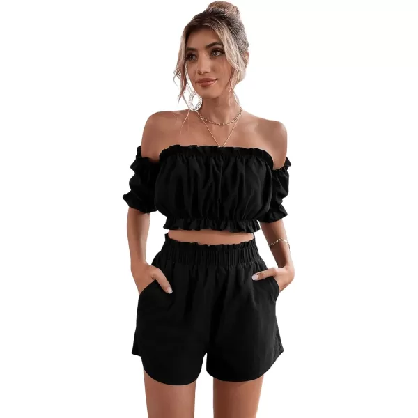 SweatyRocks Women's 2 Piece Outfits Romper Off Shoulder Short Sleeve Top Wide Leg Frill Trim Shorts with Pockets