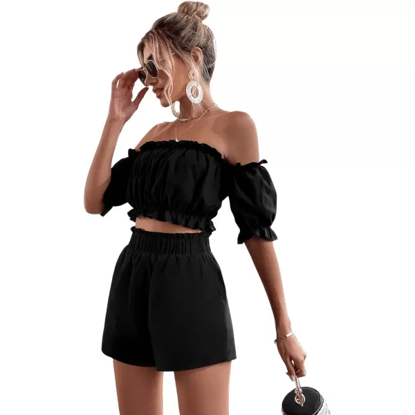 SweatyRocks Women's 2 Piece Outfits Romper Off Shoulder Short Sleeve Top Wide Leg Frill Trim Shorts with Pockets