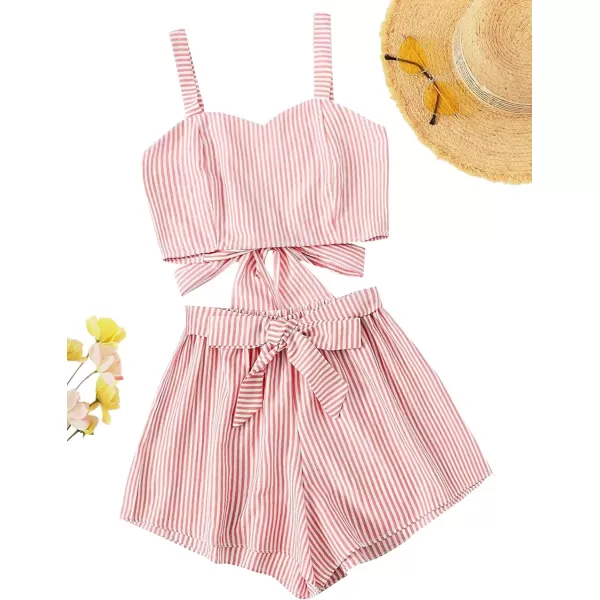 SweatyRocks Women's 2 Piece Outfits Summer Sleeveless Tie Back Crop Cami Top and Shorts Set