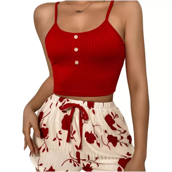 SweatyRocks Women's 2 Piece Pajama Set Button Front Crop Cami Top and Floral Print Shorts Set Sleepwear