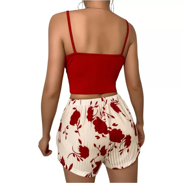 SweatyRocks Women's 2 Piece Pajama Set Button Front Crop Cami Top and Floral Print Shorts Set Sleepwear