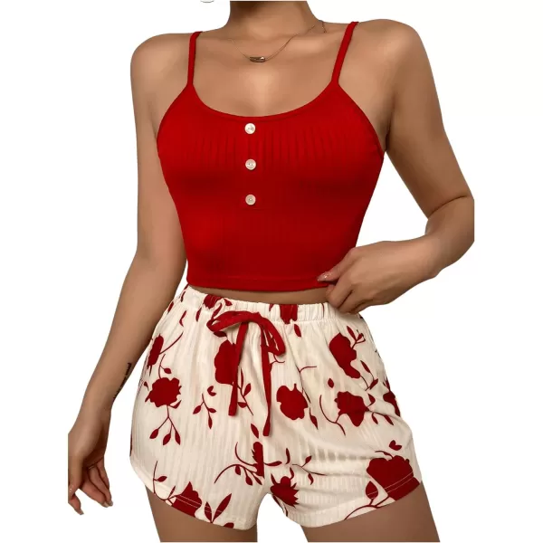 SweatyRocks Women's 2 Piece Pajama Set Button Front Crop Cami Top and Floral Print Shorts Set Sleepwear
