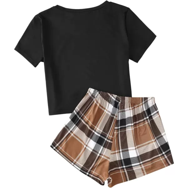SweatyRocks Women's 2 Piece Pajama Set Graphic Short Sleeve Tee Shirt and Cute Plaid Shorts