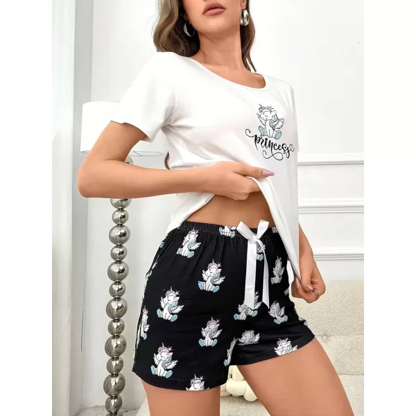 SweatyRocks Women's 2 Piece Pajama Set Graphic Short Sleeve Tee Shirt and Cute Plaid Shorts