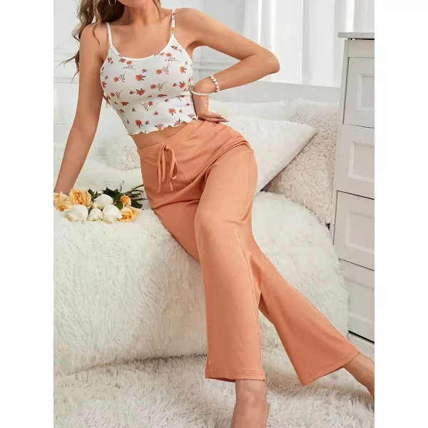 SweatyRocks Women's 2 Piece Pajama Set Lace Cami Top and Flare Pants PJ Set Loungewear