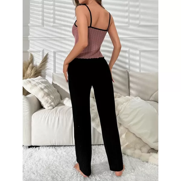 SweatyRocks Women's 2 Piece Pajama Set Lace Cami Top and Flare Pants PJ Set Loungewear