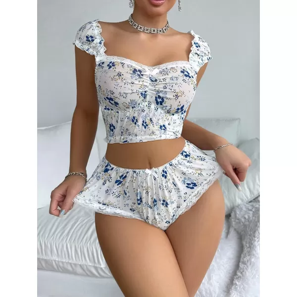 SweatyRocks Women's 2 Piece Pajama Set Lace Trim Floral Print Ruched Cami Top and Shorts Sleepwear