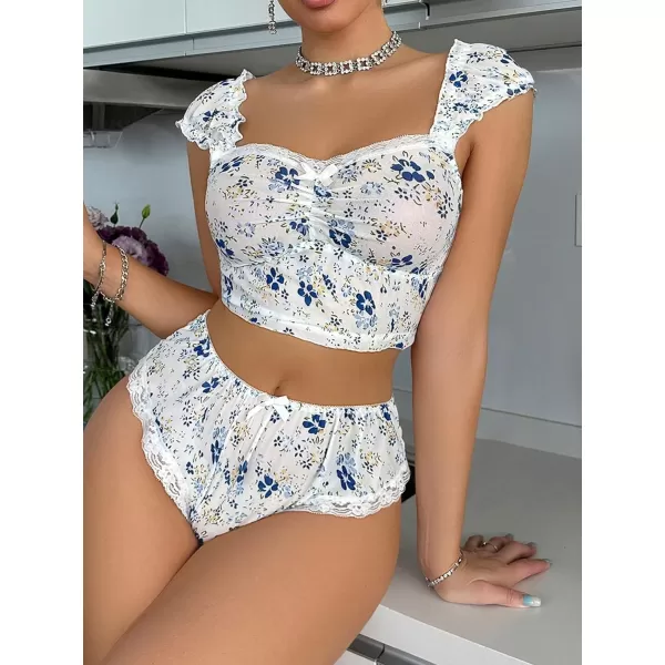 SweatyRocks Women's 2 Piece Pajama Set Lace Trim Floral Print Ruched Cami Top and Shorts Sleepwear